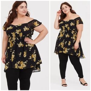💛 TORRID Floral Chiffon Off The Shoulder Babydoll Tunic
